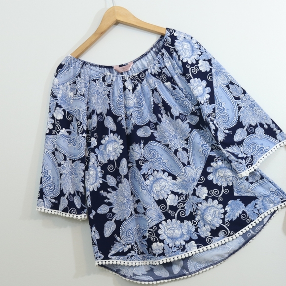 SJS Printed Textured Jersey Crochet Trim Boho Top - Picture 1 of 8